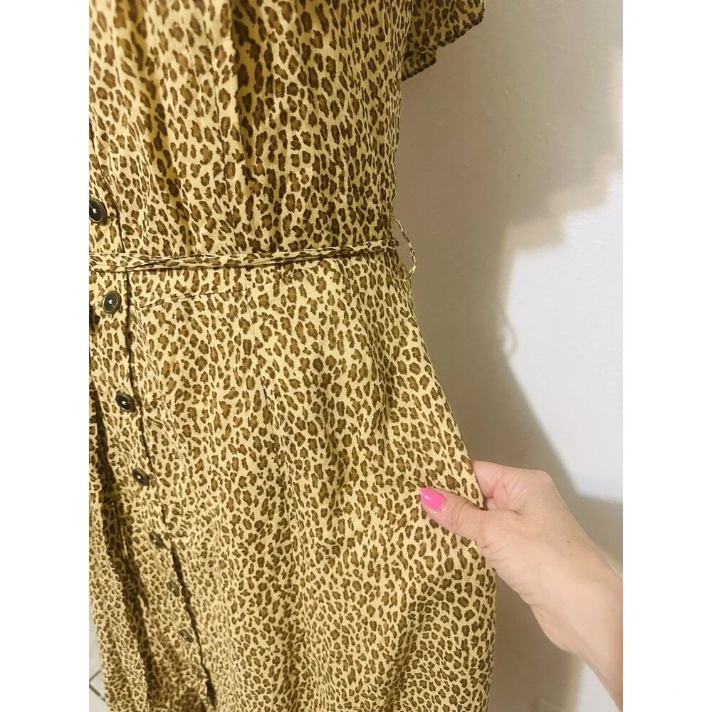 By Anthropologie Size 8 Bolano Leopard Print Midi Dress Ruffle Sleeve Tie Waist